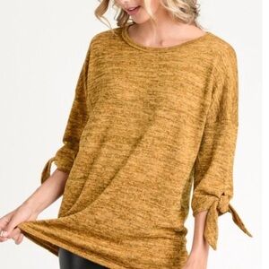 First Love Mustard Yellow Women's Knit Tie Sleeve Sweater Sz S Cozy Fall Casual